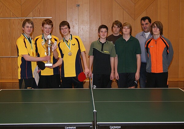 v.l. Pokalsieger VfL Niederwerrn: Zirkelbach, Braszus, Langner; Endspielteilnehmer TTC Fuchsstadt: Unger, Weniger, Hanel, Klüh H.; hinten: Pokalspielleiter T.Klüh